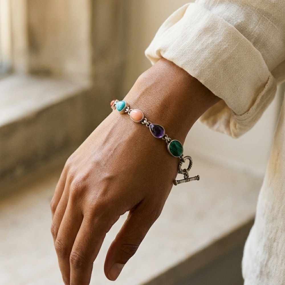 Sterling Silver SH Multi Stone Toggle Bracelet Turquoise Coral Amethyst Artisan - Picture 10 of 12